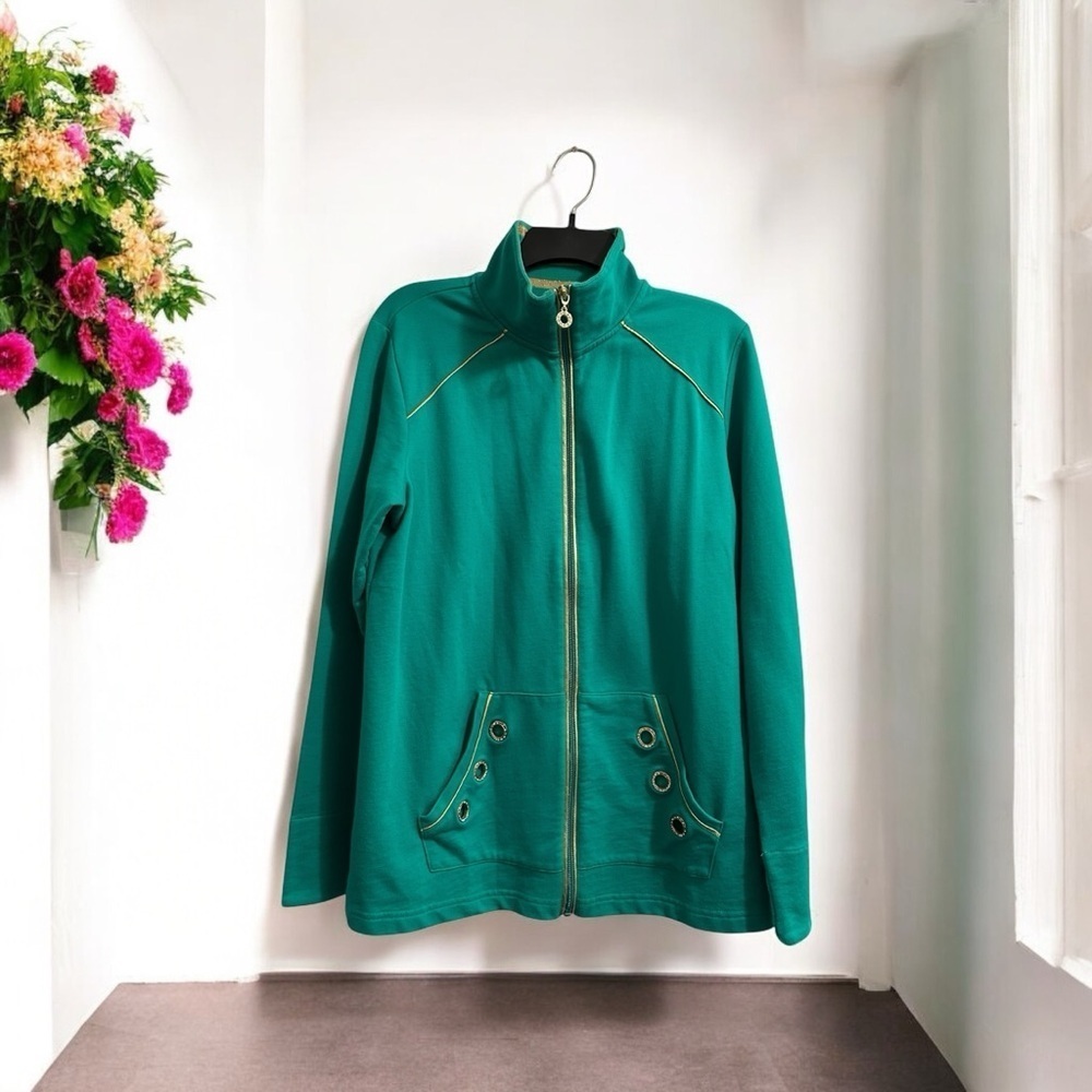 Quaker Factory Activewear Rhinestone Jacket Womens Medium Green & Gold Stretch